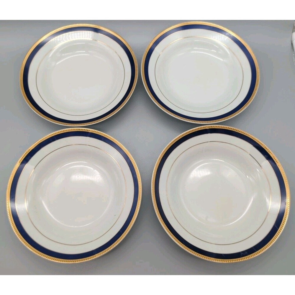 Set of 4 Home Creations Bellagio Soup Pasta Bowls Cobalt Blue Gold Trim 8"